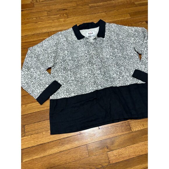 Flax Womens Blouse Size Medium Black White Floral 1/2 Button Collared Tunic Top - Picture 2 of 6